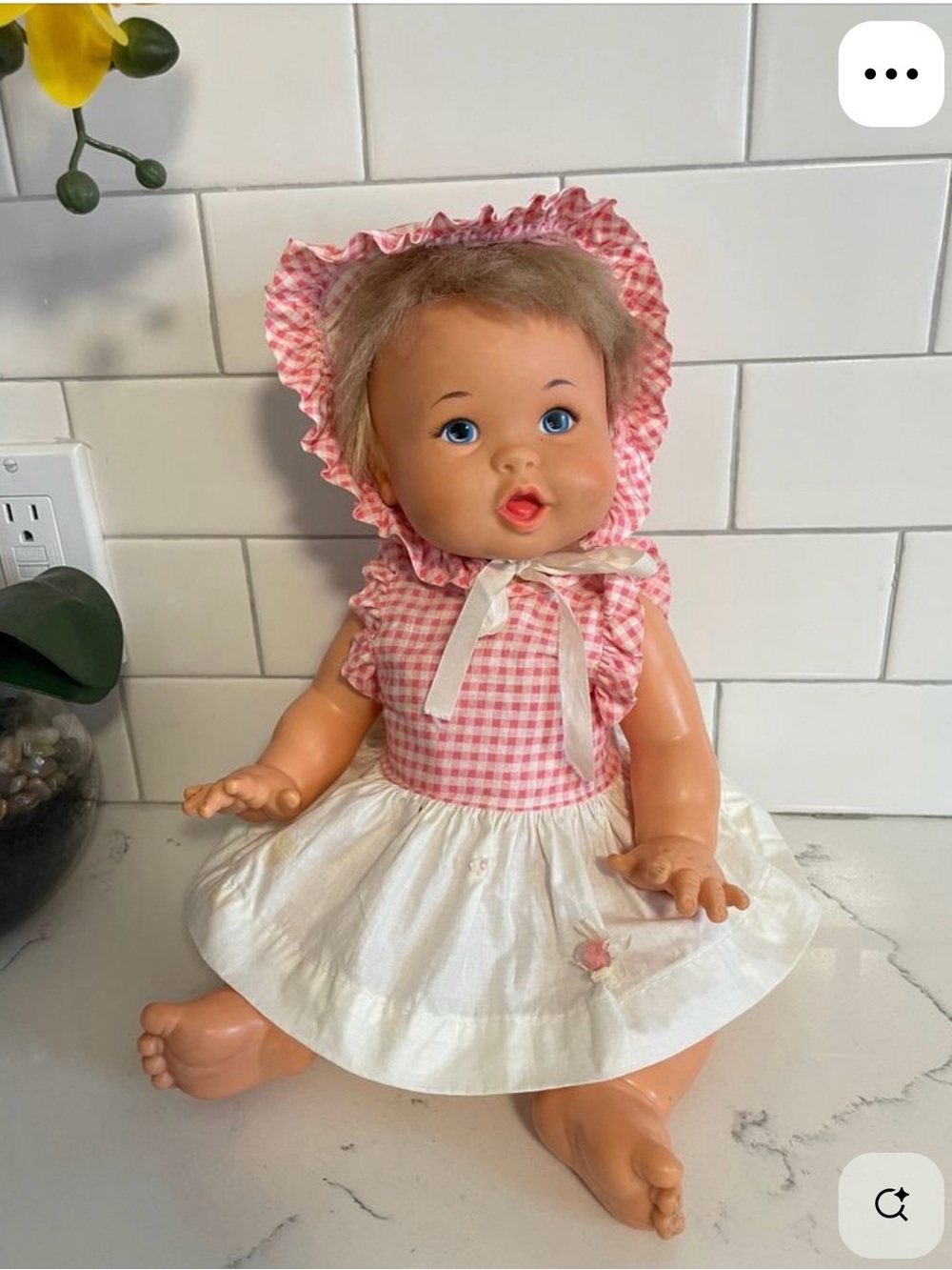 1973 Vintage Ideal Rub A Dub Dolly featuring Vinyl Hair and Blue Byes